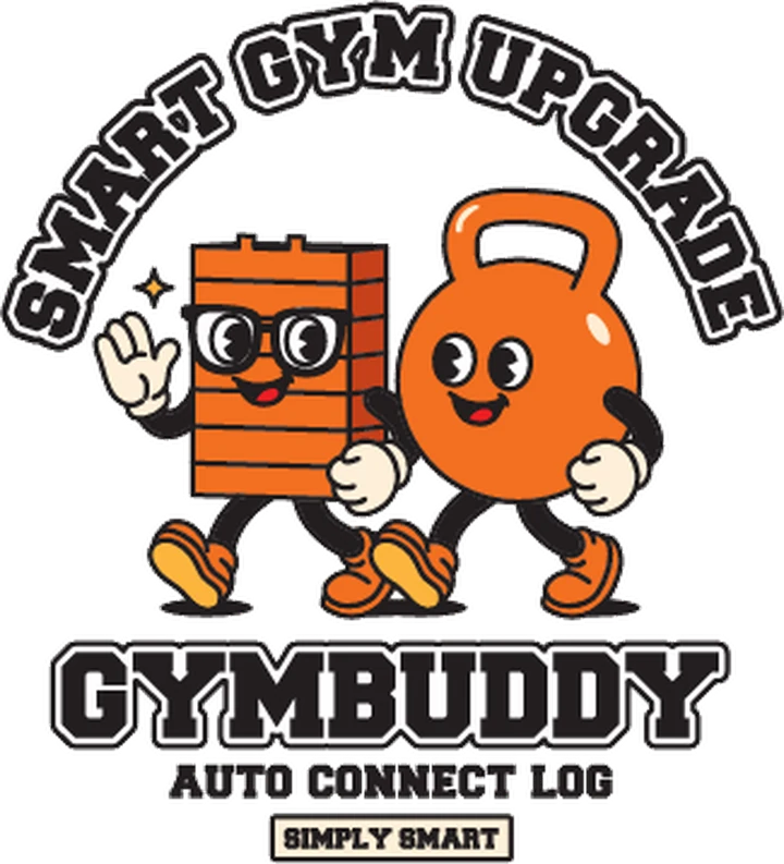 짐버디 엠블럼. SMART GYM UPGRADE 문구 아래 두 마스코트와 GYMBUDDY 글자